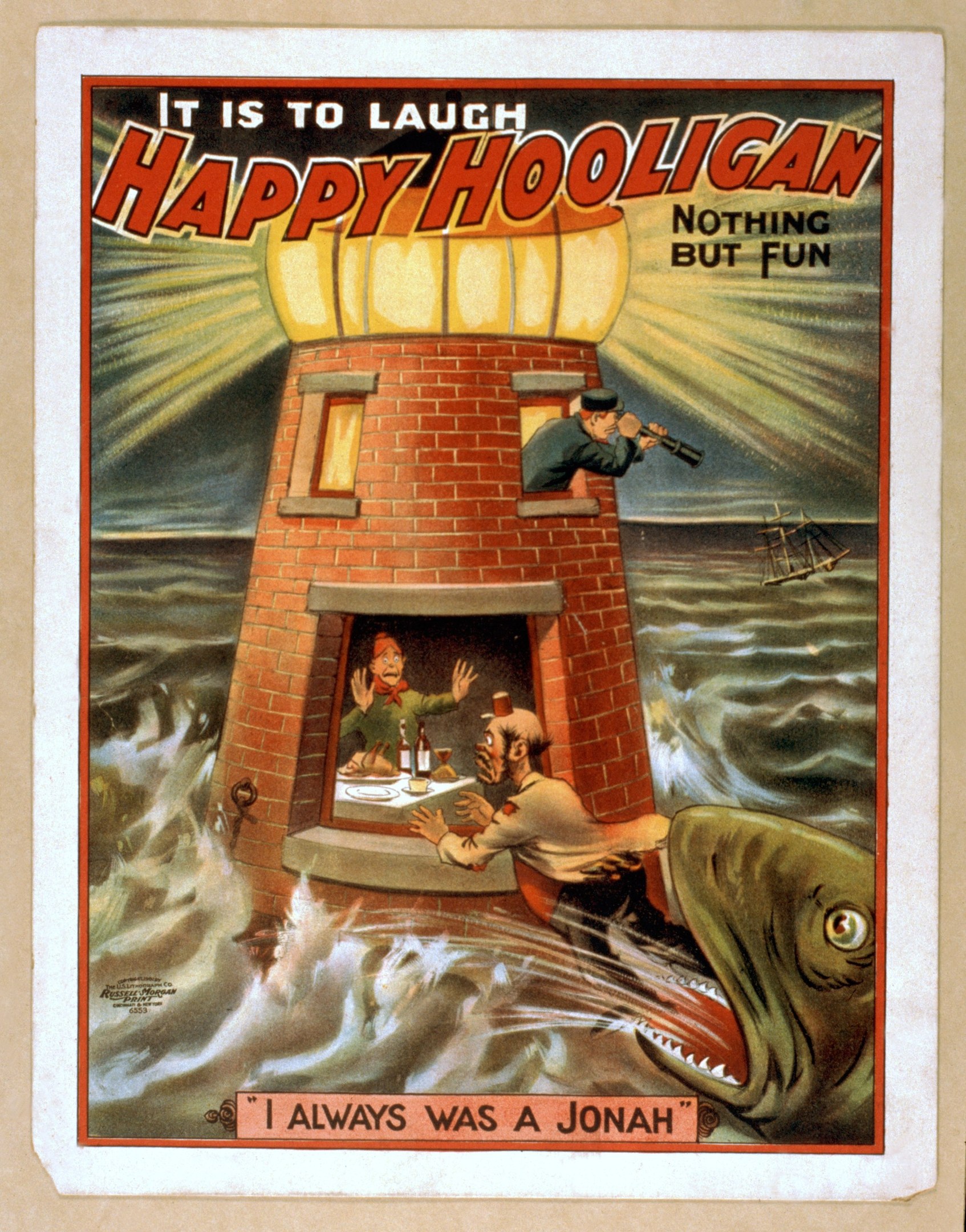 Plakat mit einer Leuchtturmumgebung, umgeben von Menschen, einem Fisch und Wasser, mit dem Text "Es ist zum Lachen, glücklicher Rowdy, nichts als Spaß" oben und unten.