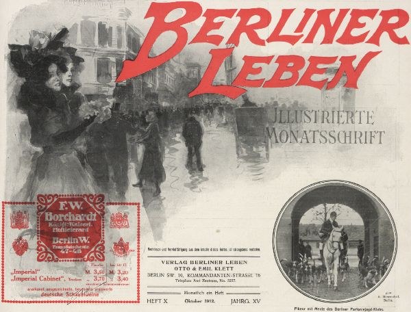 Schwarz-weiß-Anzeige für "Berliner Leben" mit einer Gruppe von Menschen in einer Stadt mit hohen Gebäuden und einer Brücke, mit fetter schwarzer Schrift, die "Berliner Leben" liest.
