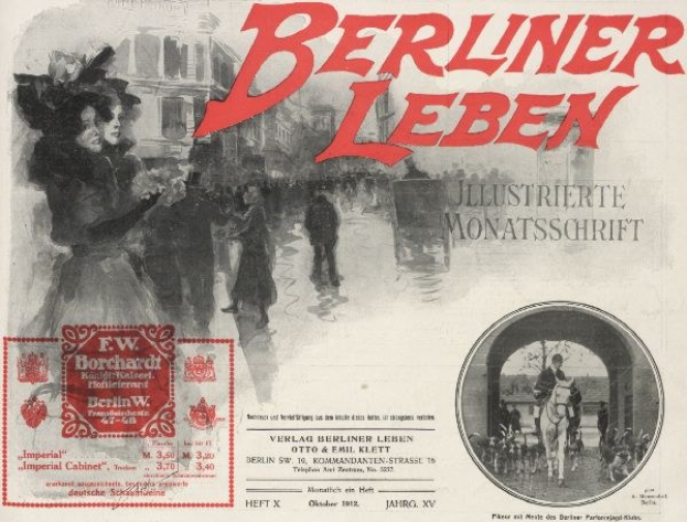 Schwarz-weiß-Anzeige für "Berliner Leben" mit einer Gruppe von Menschen in einer Stadt mit hohen Gebäuden und einer Brücke, mit fetter schwarzer Schrift, die "Berliner Leben" liest.