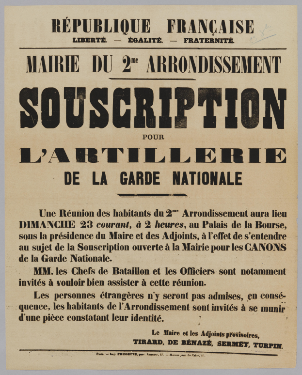 Eine alte französische Zeitungsanzeige für den zweiten Arrondissement der Garde Nationale, die Text beschreibt ein Ereignis.