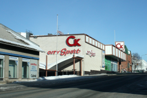 Ein Sportgeschäft in einer Stadt, das an einer Straßenecke liegt, umgeben von Gebäuden, Strommasten, Straßenlaternen, Bäumen und Schnee, mit dem Himmel im Hintergrund.
