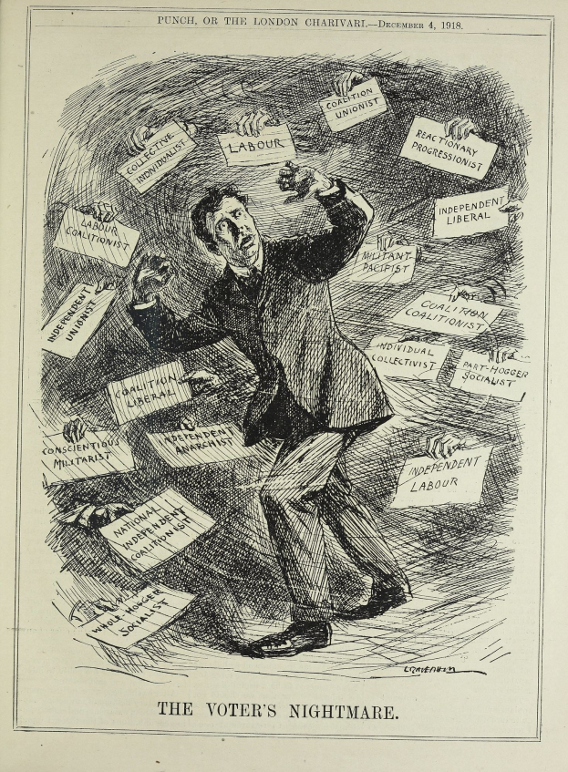 Ein Blatt Papier mit einer Zeichnung eines Mannes in Anzug und Krawatte, der ein Schild mit der Aufschrift "Der Albtraum des Wählers" in fetter Schrift hält, sein entschlossener Gesichtsausdruck und seine selbstbewusste Haltung betont.