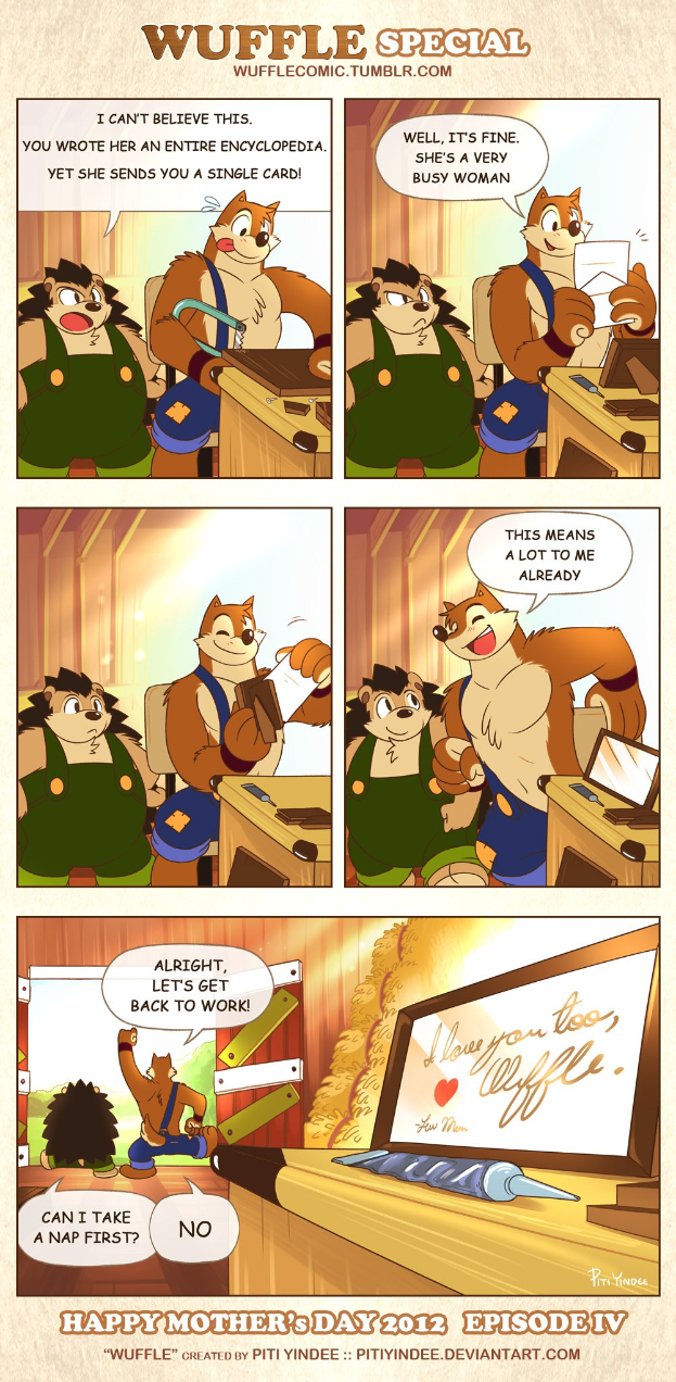 Ein Plakat mit einer Comic-Strip-Szene, die einen Mann in einem blauen Hemd und eine strahlende Frau zeigt, mit der Aufschrift "Happy Mother's Day" in einer fröhlichen Schriftart auf einem hellgelben Hintergrund.