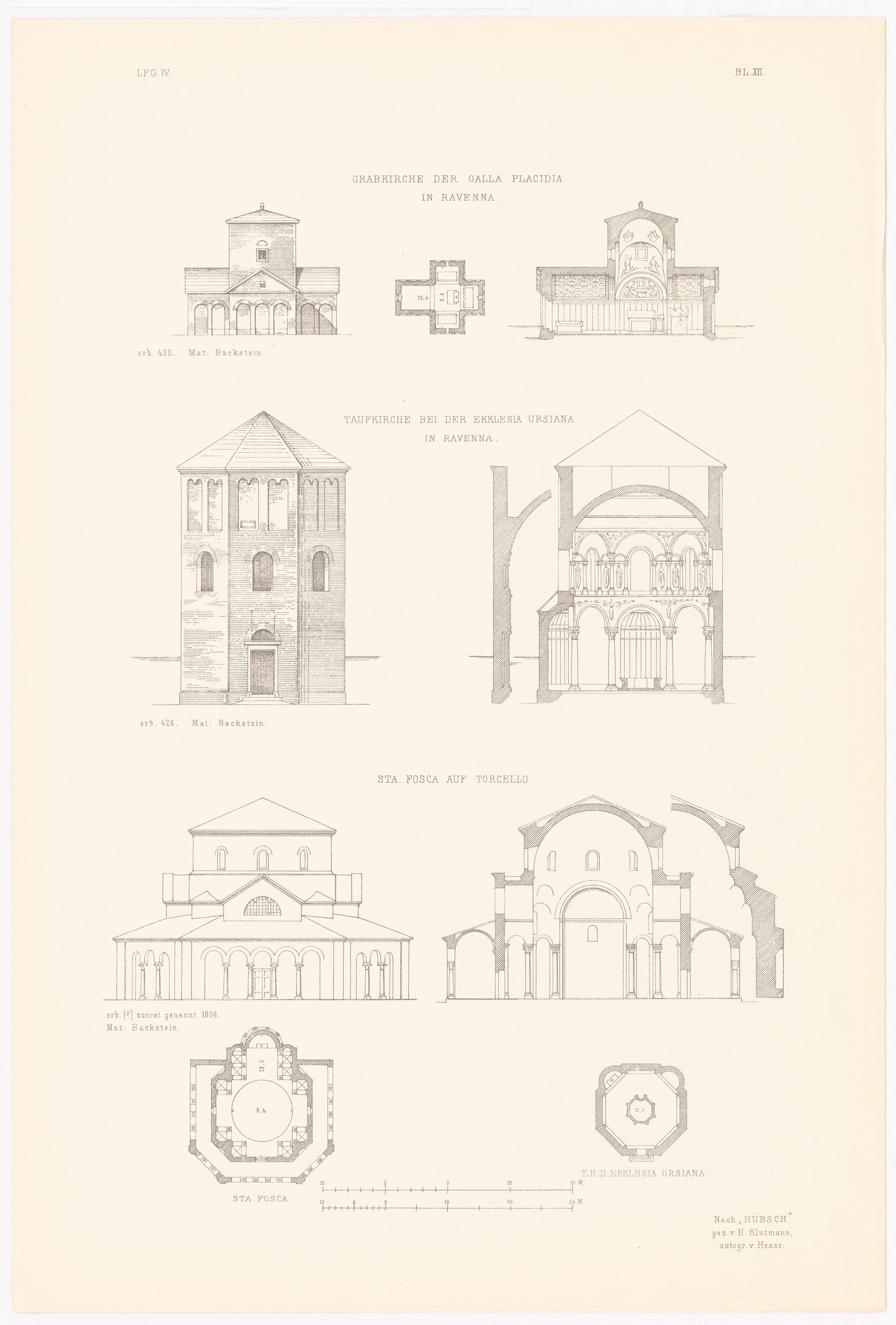 Eine Buchseite mit detaillierten Illustrationen verschiedener Gebäude mit einzigartiger Architektur, begleitet von beschreibendem Text über ihre Geschichte.