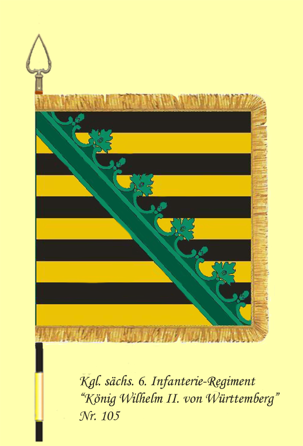 Ein Plakat mit einem gelb-schwarzen gestreiften Flaggenmotiv mit einem grün-gelben Streifen, darunter der Text "König Wilhelm II von Württemberg".