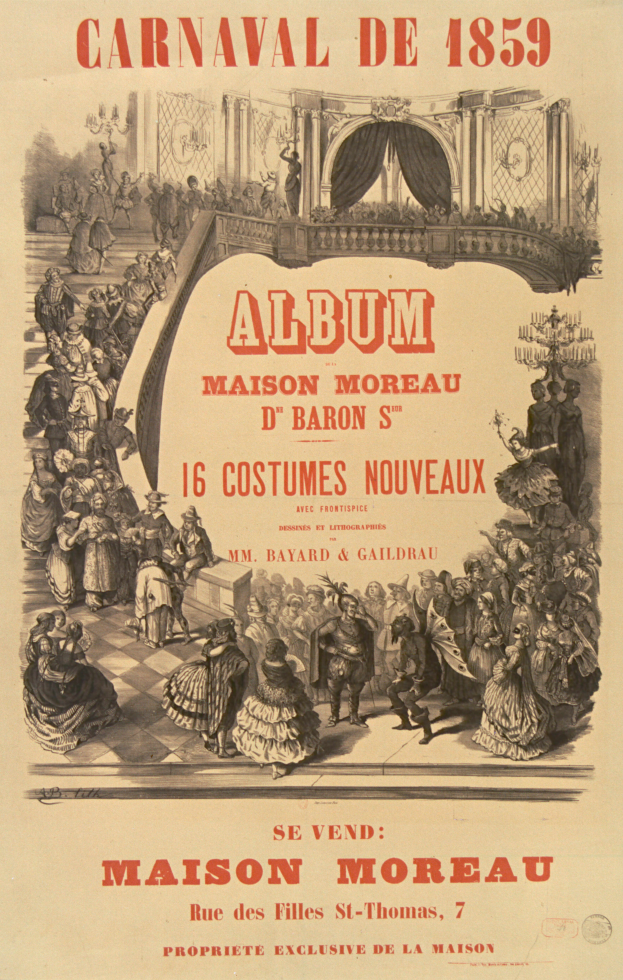 Ein Vintage-Plakat für den Karneval von 1859, das eine Gruppe von Menschen in bunten Kostümen mit Text zeigt, der das Ereignis beschreibt.