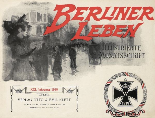 Ein altes Buchcover mit einer Gruppe fröhlicher Menschen, Text "Berliner Leben" und einem Logo der deutschen Militär.