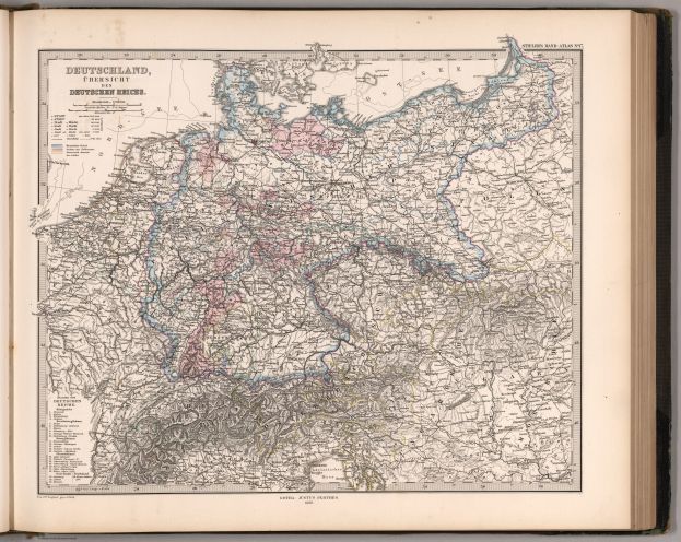 Ein aufgeschlagenes Buch mit einer detaillierten Deutschlandkarte und beschreibendem Text.
