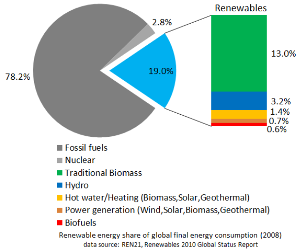 Ein Kreisdiagramm, das den globalen Verbrauch erneuerbarer Energien im Jahr 2008 zeigt, unterteilt in Abschnitte für fossile Brennstoffe, Kernenergie, Wasser, Heizung, Biomasse, Solar, Geothermie und Biokraftstoffe, mit begleitendem Text.