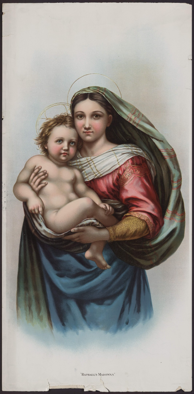 Eine Frau in einem roten und blauen Kleid hält ein Baby im Arm, ihre Augen sind geschlossen und ihre Lippen leicht geöffnet, mit ihrem Haar zu einem Knoten zurückgebunden.