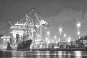 Ein Schiffbauunternehmen mit Metallkonstruktionen, Laternen, Containern und Schiffen.