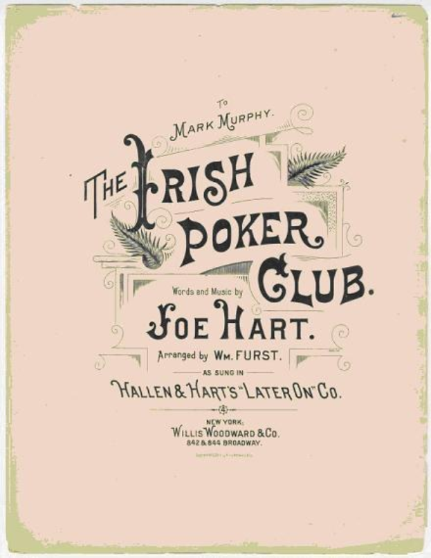 Ein gerahmtes Poster mit der Aufschrift 'The Irish Poker Club' in fetter schwarzer Schrift auf einem weißen Hintergrund, umrandet von einer dünnen schwarzen Linie und mit einer bunten Kleeblatt-Illustration.