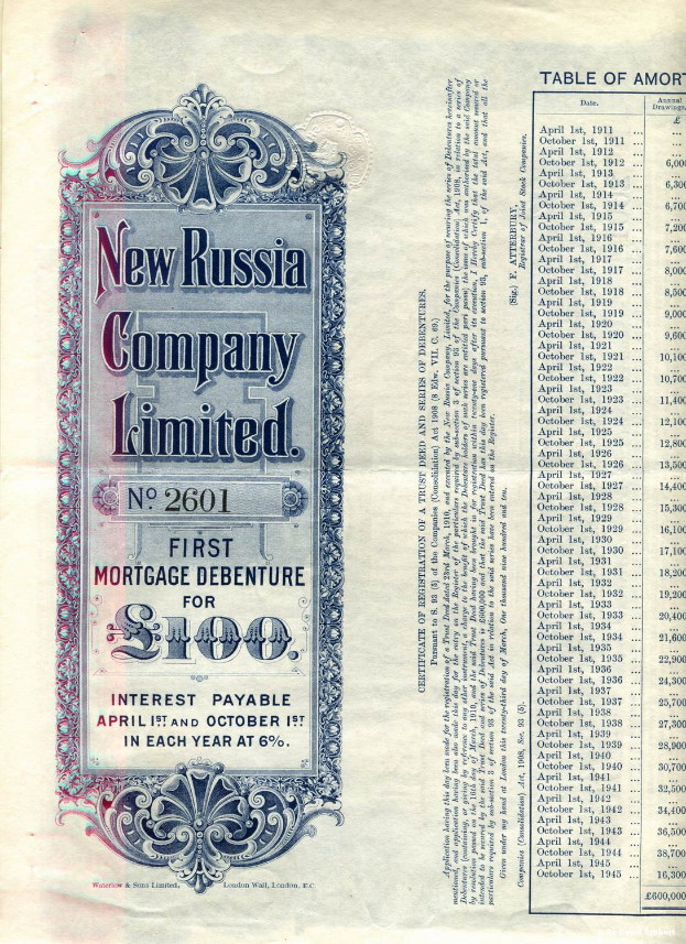 Ein altes Buch mit einem Aktienzertifikat der New Russia Company Limited