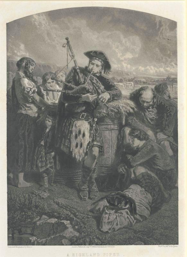 Schwarz-weißes Gravur eines Mannes, der eine Dudelsack vor einer Gruppe von Menschen unter einem bewölkten Himmel spielt, mit der Inschrift "Ein Highland-Pfeife" unten.