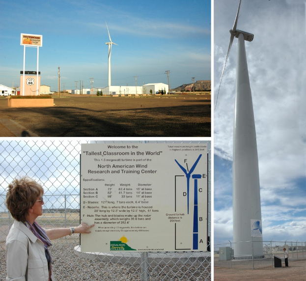Ein Collage-Bild mit Windmühlen, Strommasten, Kabeln, Gebäuden, Hügeln, einem bewölkten Himmel, einer Person auf dem Boden, Informationsschildern und Bäumen.