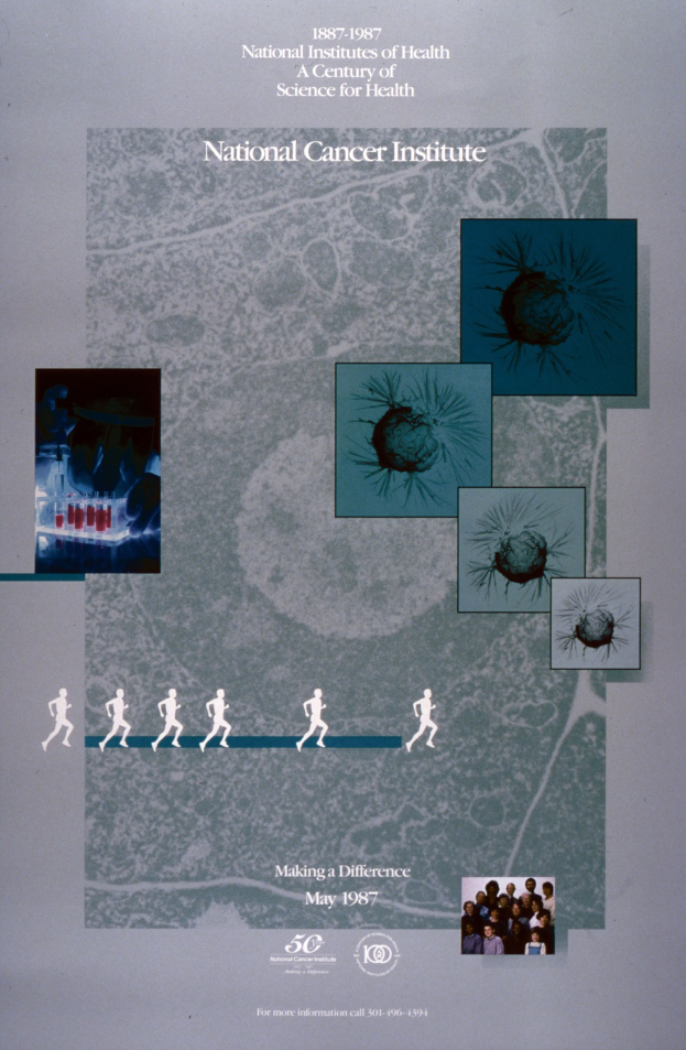 Buntes Plakat für das National Cancer Institute mit einem blauen Hintergrund und weißer Schrift, die 'National Cancer Institute' in fetter, Großbuchstaben-Schriftart zeigt, umgeben von überlappenden Bildern von lachenden Menschen verschiedenen Alters, Geschlechts und Ethnien, die in einem Kreis angeordnet sind.