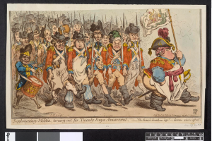 Eine Gruppe von Männern in Militäruniformen marschiert auf einer Straße, einer hält einen Stock, mit Text unten: "Zusätzliche Miliz, Ausmarsch für zwanzig Tage Vergnügen".