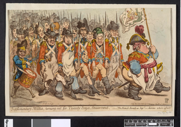 Eine Gruppe von Männern in Militäruniformen marschiert auf einer Straße, einer hält einen Stock, mit Text unten: "Zusätzliche Miliz, Ausmarsch für zwanzig Tage Vergnügen".