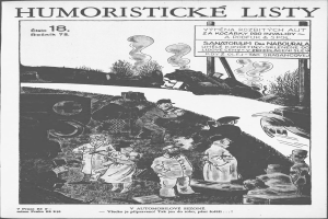 Eine schwarz-weiße Karikatur einer Gruppe von Menschen, die vor einem Zug stehen und nach oben schauen, mit dem Text "humoristische Listen 18" auf einem Blatt Papier.