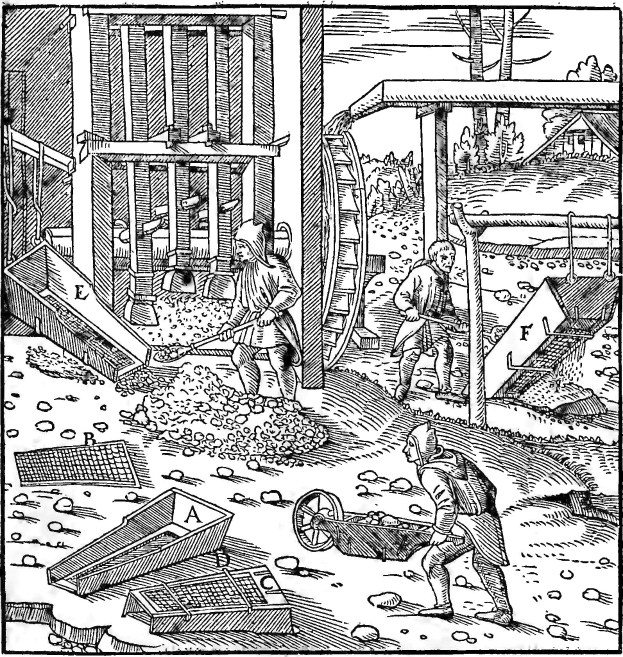 Schwarz-weißes Gravur von einem Mann in einem langen Mantel und Hut mit einer Schaufel und einer Schubkarre in einer 16. Jahrhundert Garten Szene mit Werkzeugen und Materialien.