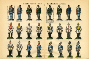 Ein Buch, das bunte deutsche Armee-Uniformen mit detaillierten Abbildungen von Helmen, Gewehren und anderen Waffen zeigt.