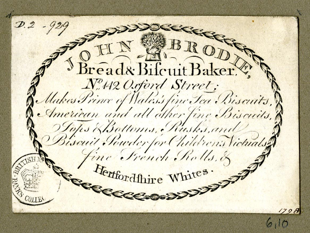 Alte Visitenkarte für John Brodie Bread & Biscuit Baker, die den Angebot des Bäckereibetriebs beschreibt.