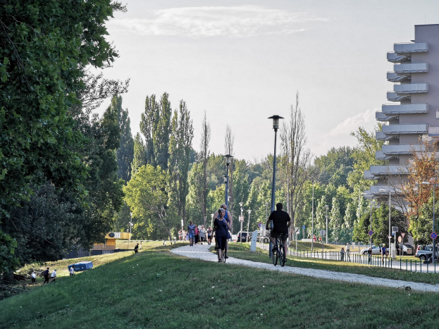 Gruppe von Menschen, die auf Fahrrädern eine Parkweg entlangfahren, mit Bäumen, Straßenlaternen und Gebäuden im Hintergrund.