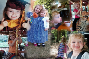 Eine Collage mit Vergnügungsparkattraktionen, einem Tisch mit Lebensmitteln einschließlich eines Bechers und Löffels, verschiedenen Gegenständen, Lichtern, einer Wand, Büschen, Bäumen, Gras, einem Seil und einem Hut.