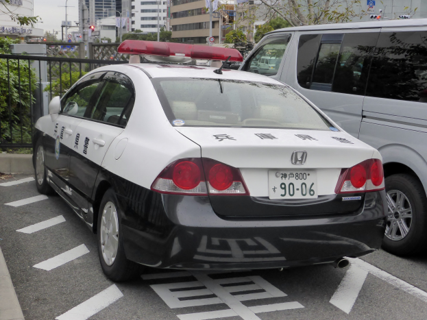 Ein Polizeiwagen auf einem eingezäunten Parkplatz neben einem weißen Lieferwagen, umgeben von Bäumen, Schildern, Straßenlaternen, Ampeln und Gebäuden unter einem bewölkten Himmel.