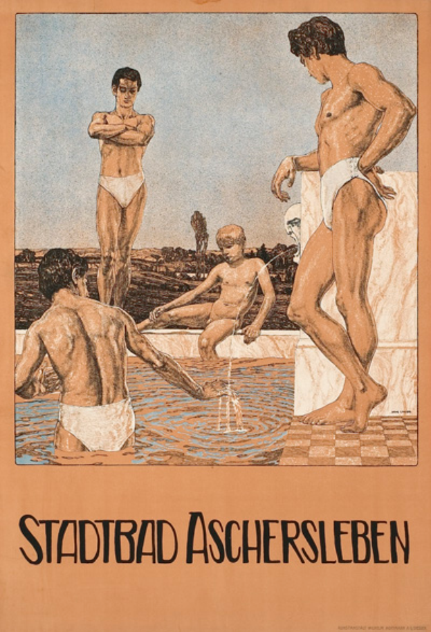 Eine Gruppe von Menschen, die steht und eine Person, die sitzt, in einem Schwimmbad, mit Textwerbung für ein Schwimmbad in Aschersleben, Deutschland.