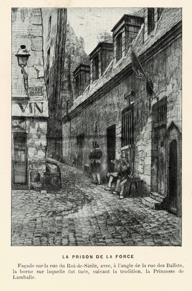Eine Schwarz-Weiß-Zeichnung einer Straßenszene mit Gebäuden, Straßenlaternen, Menschen und Text unten, der "La Prison de la Force" lautet.