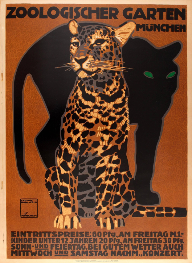 Ein Plakat wirbt für einen Zoo in München, Deutschland, mit einem Leopard und einer Hauskatze und Textinformationen zum Zoo.