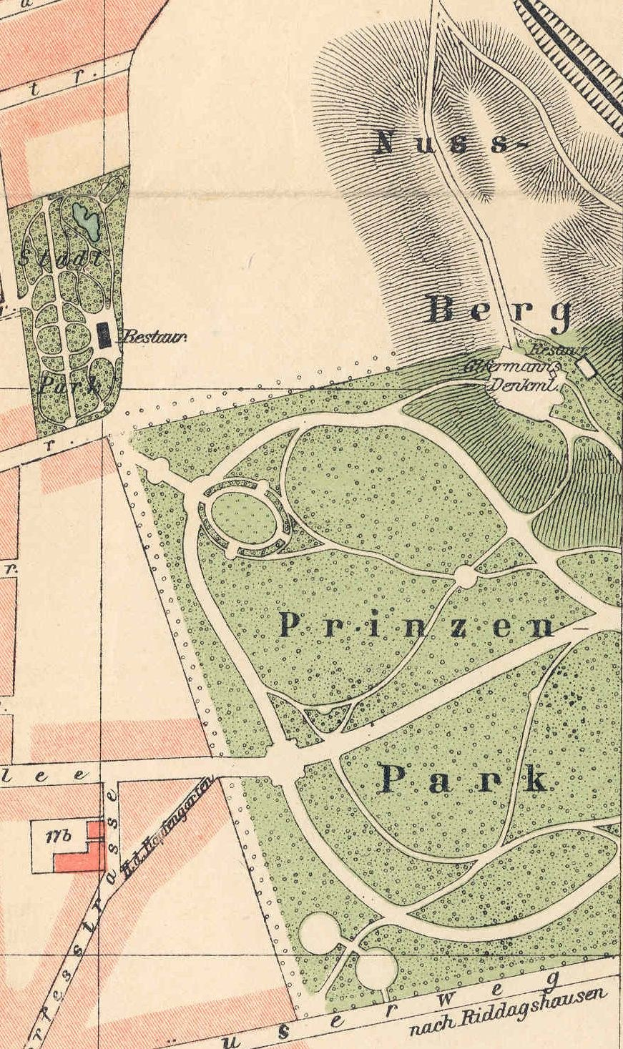 Detailierte alte Karte von Berlin, Deutschland, markiert den Standort und die Merkmale eines Parks, einschließlich Straßen und anderen Sehenswürdigkeiten.