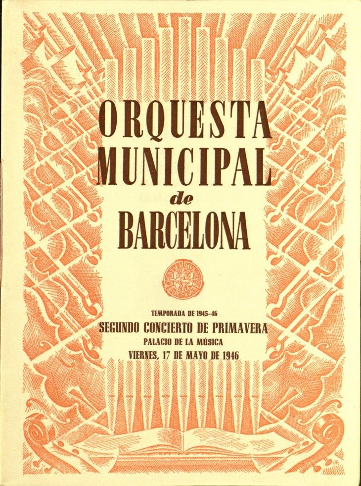 Ein Buch mit dem Titel "Orquesta Municipal de Barcelona" geöffnet auf einer Seite mit Text in fetter schwarzer Schrift und Illustrationen in Blau, Grün und Gelb.