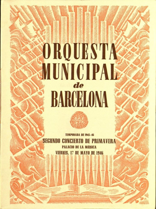 Ein Buch mit dem Titel "Orquesta Municipal de Barcelona" geöffnet auf einer Seite mit Text in fetter schwarzer Schrift und Illustrationen in Blau, Grün und Gelb.