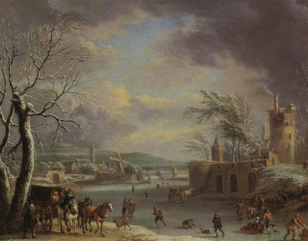 Eine Winterlandschaft mit Menschen auf einem zugefrorenen Fluss, umgeben von Bäumen, Gebäuden, Hügeln und Wolken, mit Tieren und Karren, die verstreut sind.