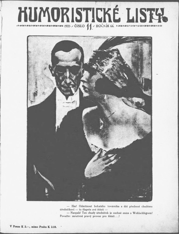 Schwarzes und weißes Magazin-Cover mit der Überschrift 'Humoristische Liste', das einen Mann in einem Anzug mit ernster Miene und eine Frau zeigt, die verschmitzt in eine andere Richtung schaut.