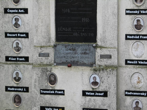 Eine Gedenktafel an einer Wand mit Fotos von Individuen und Text, die an die Opfer des Zweiten Weltkriegs erinnert.