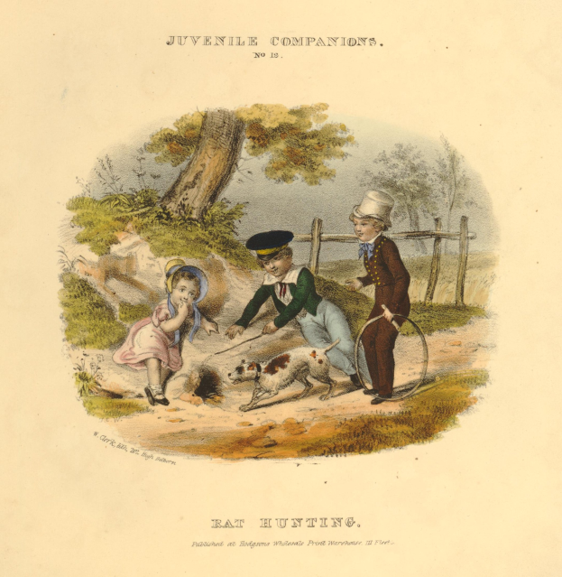 Ein Kindeszeichnung von drei Kindern, die mit einem Hund in einem Park spielen, umgeben von Bäumen, Pflanzen und einem Zaun, mit Text unten.