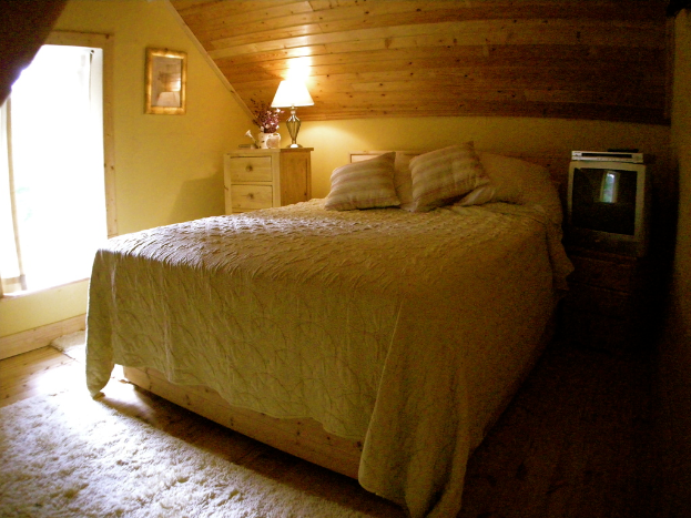 Ein Schlafzimmer mit einem Bett, Nachttisch und Kleiderschrank.