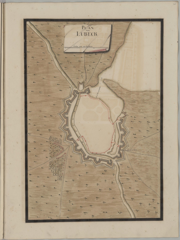 Ein altes Buch mit einer detaillierten Karte von Lübeck, das Straßen, Gebäude, Sehenswürdigkeiten und Text mit historischen und kulturellen Informationen zur Stadt zeigt.