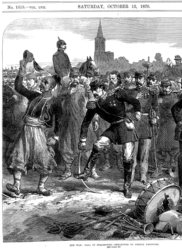 Schwarze und weiße Illustration einer besorgten Gruppe von Menschen, die vor einem hohen, imposanten Gebäude bei Sonnenuntergang stehen, mit der Bildunterschrift "Der Sachsen-Anhalt-Krieg, 15. Oktober 1870."