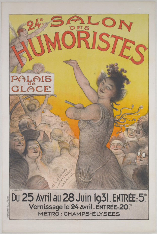 Poster for the Salon des Humoristes in Paris featuring a woman surrounded by a crowd, with event text.