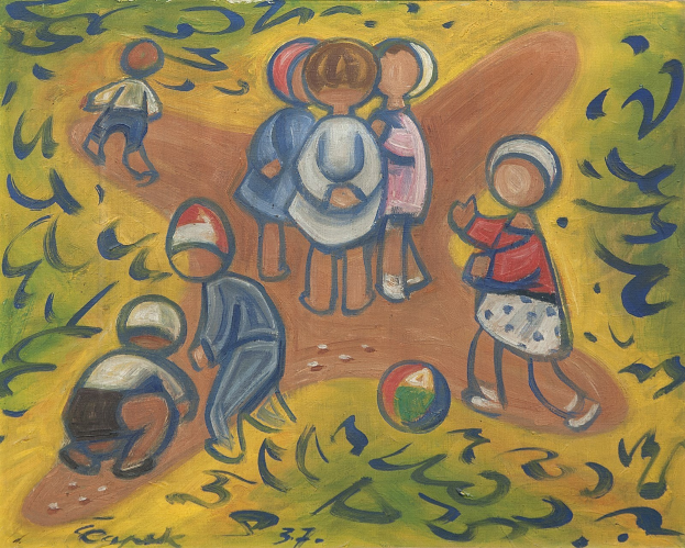 Malen auf einer Tafel, die Kinder beim Spielen mit einem Ball in einem hellen, fröhlichen Feld zeigt, mit etwas Text.