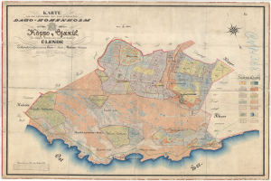 Ein detailliertes altes Stadtplan von Hamburg, Deutschland, mit Text, der einen umfassenden Überblick über das Gebiet bietet.
