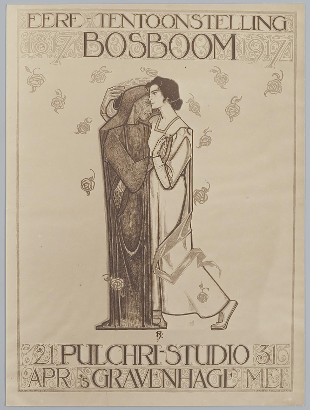 Ein Konzertplakat mit einem Mann im Anzug und einer Frau in einer Schürze nebeneinanderstehend mit ernsten Gesichtern, Text auf dem Plakat lesbar.