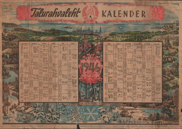 Alter Kalender aus dem Jahr 1946 mit einer Stadtansicht und lesbaren Datumsangaben.