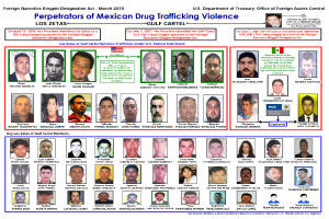 Ein Plakat mit einem hellblauen Hintergrund, das Bilder verschiedener Personen und den fetten, schwarzen Text "Verbrecher der mexikanischen Drogenhandel Gewalt" in der Mitte zeigt.