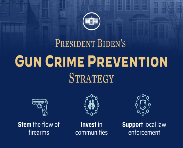Ein Plakat mit der Aufschrift "Präsident Bidens Strategie zur Prävention von Waffengewalt" oben, mit einer Stadtansicht im Hintergrund mit Gebäuden und Bäumen.
