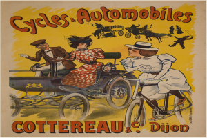 Plakat wirbt für Fahrräder und Automobile in Cottereau und Dijon, Frankreich, zeigt Menschen, die Fahrräder fahren und eine Kutsche mit "Fahrräder und Automobile" oben.